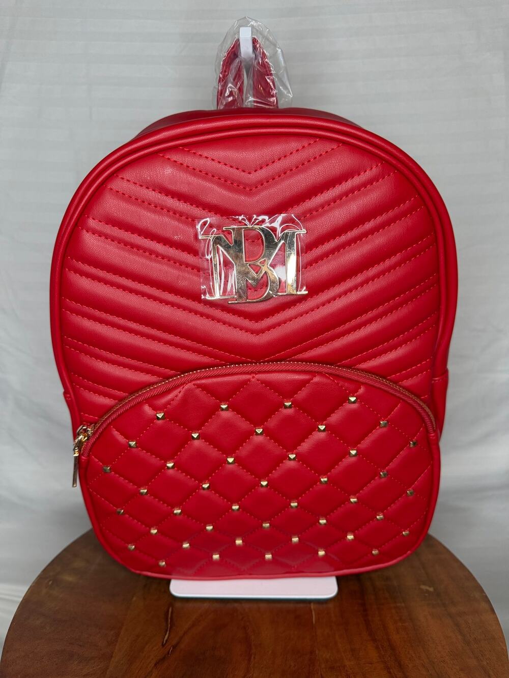 Badgley Mischka Red Quilted Studded Mini Backpack Gold Hardware NWT